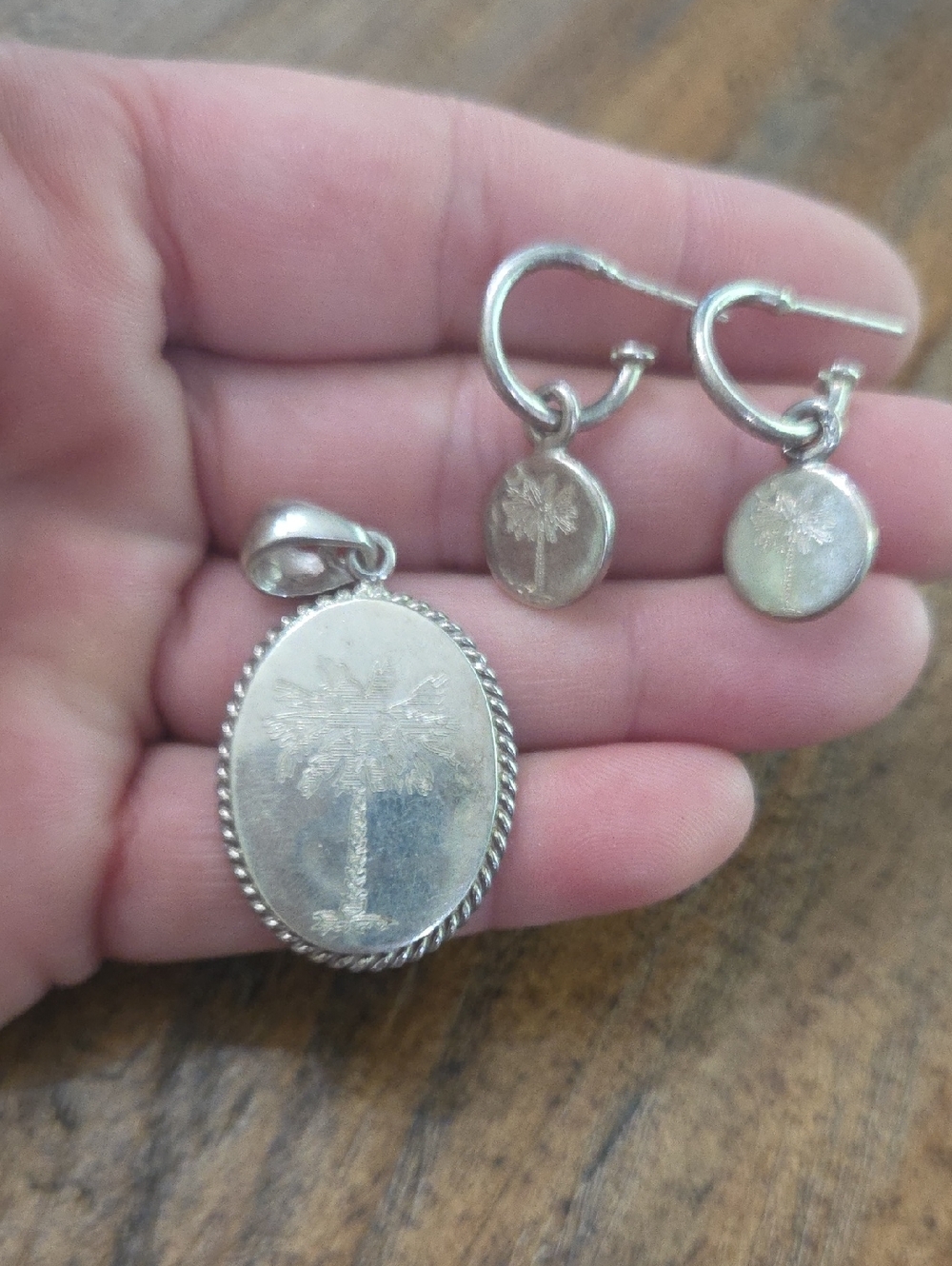 Sterling Silver Palm Tree Pendant and Hoop Earrings Set - Silver